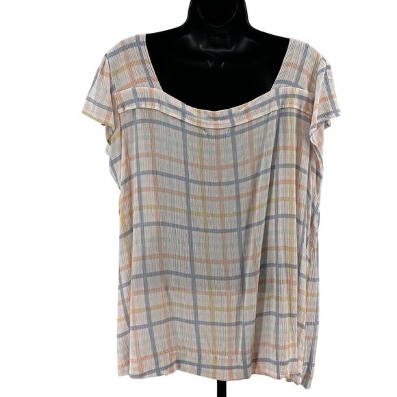 Angels Forever Young Blouse WMNS 2X Checkered Button Up Cream Pink Square Neck - Picture 4 of 7